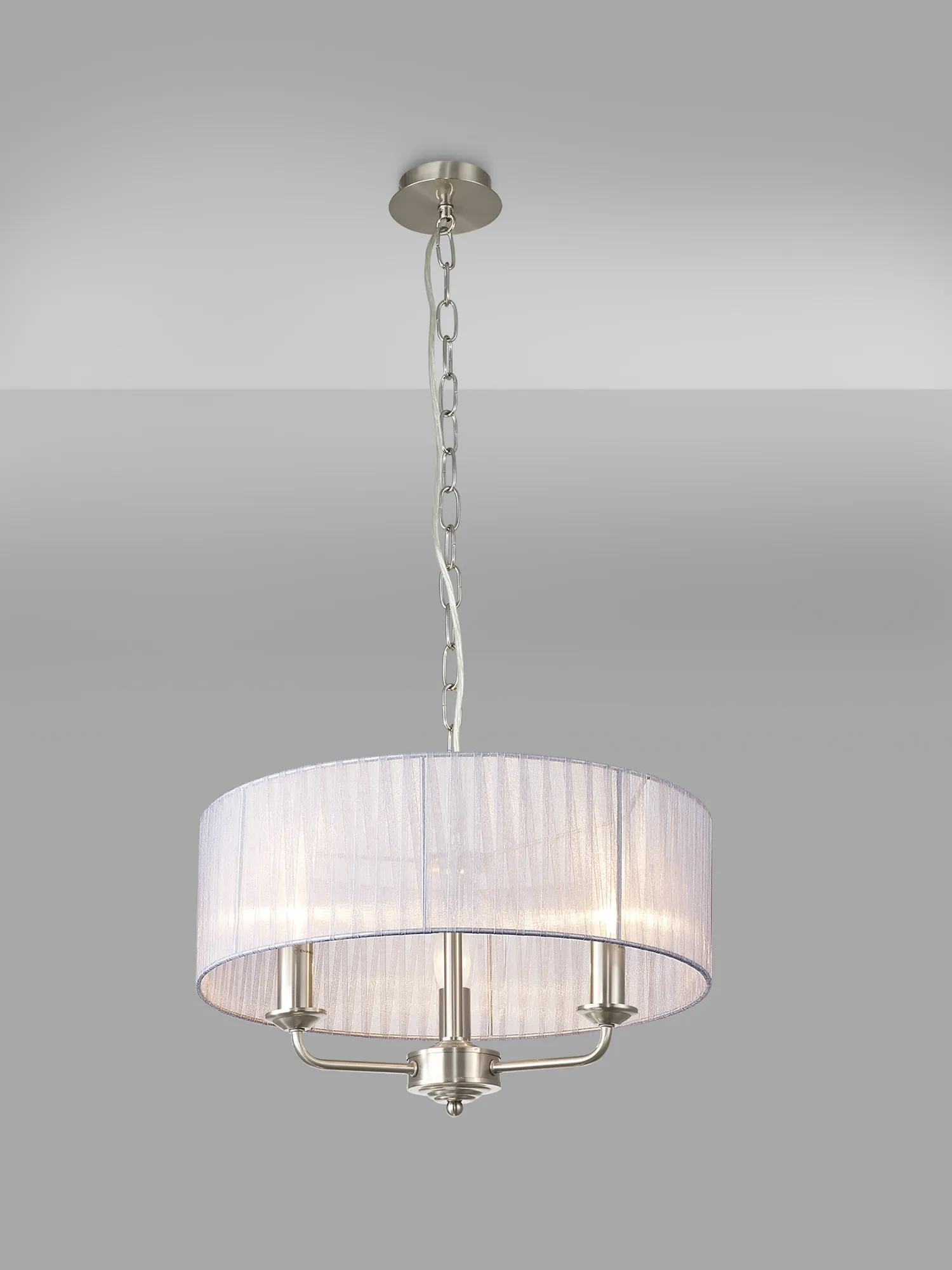 Banyan 3 Light Multi Arm Pendant With 45cm x 15cm Organza Shade Satin Nickel/Grey DK0879  Deco Banyan SN GR